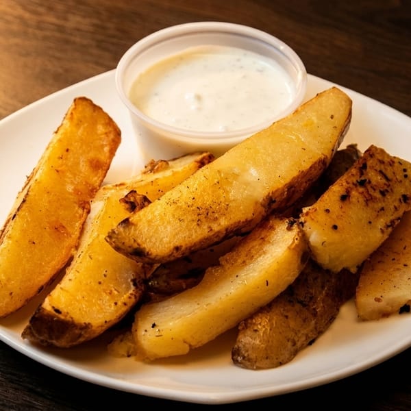 Golden potato wedges with seasoning on a white plate, served with a side of creamy dip.