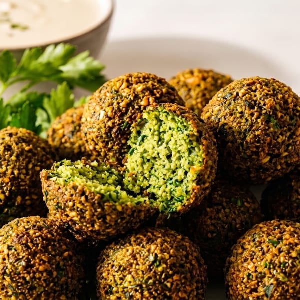 Crispy falafel balls, one broken open to show the green interior, with parsley and tahini sauce.