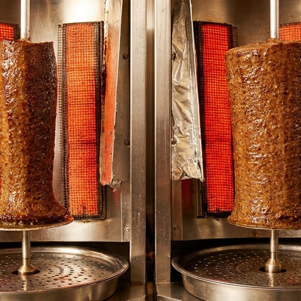 Two large vertical spits of glistening doner kebab meat cooking on a rotisserie with red heating elements.