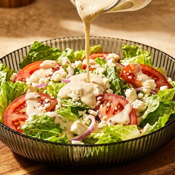 Creamy dressing pours over a fresh garden salad with lettuce, tomatoes, red onion, and feta cheese.