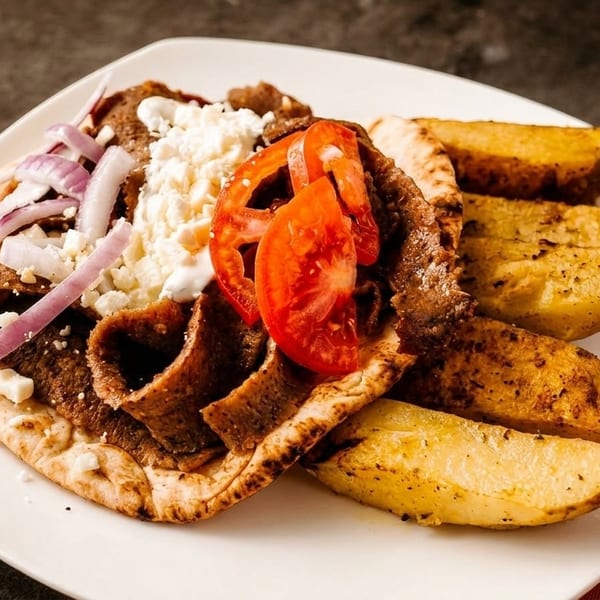 Gyro meat on pita bread with tomatoes, onions, feta, and a side of potato wedges.